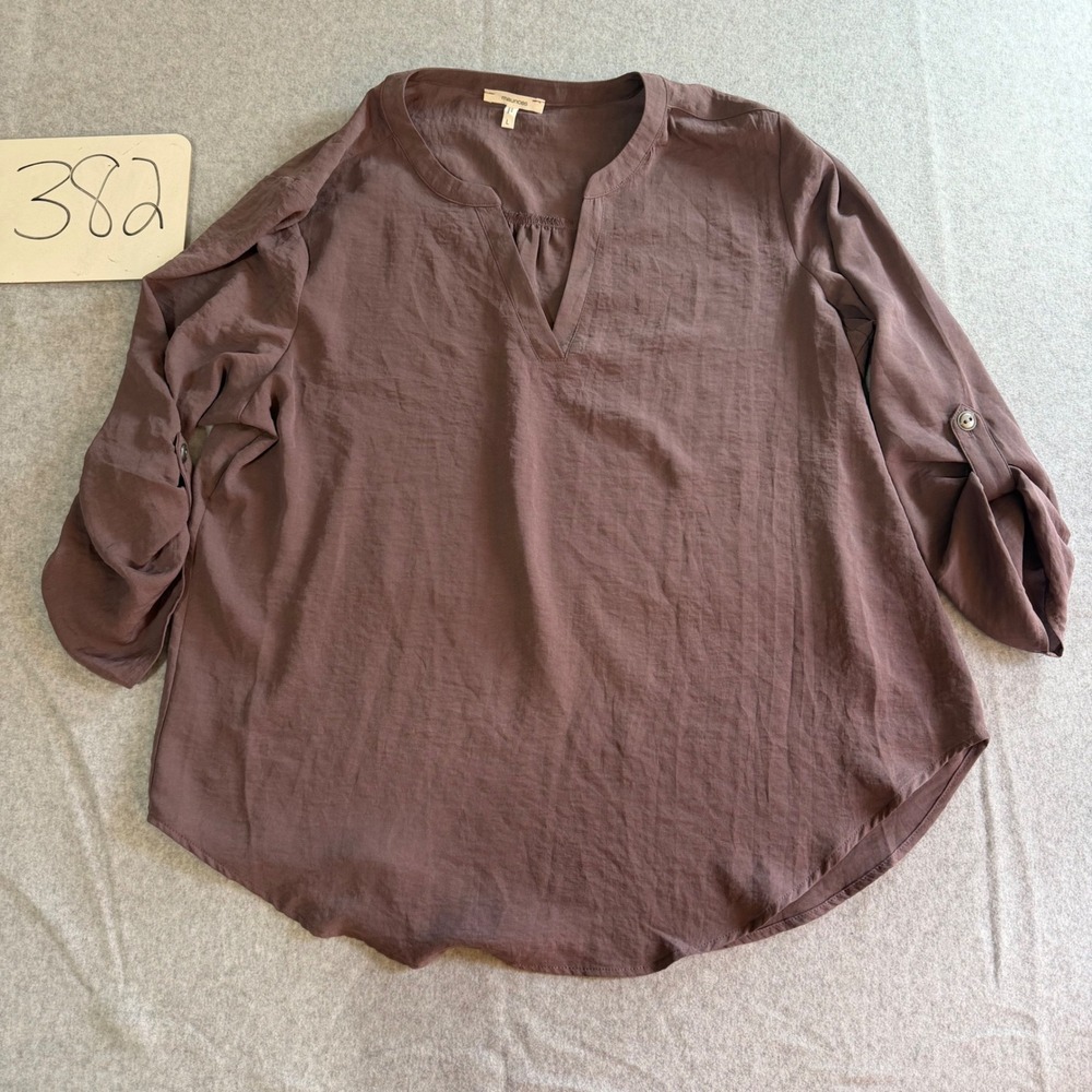 Maurices Womens Brown Roll Tab Sleeve Split Neck Blouse Top Size L
